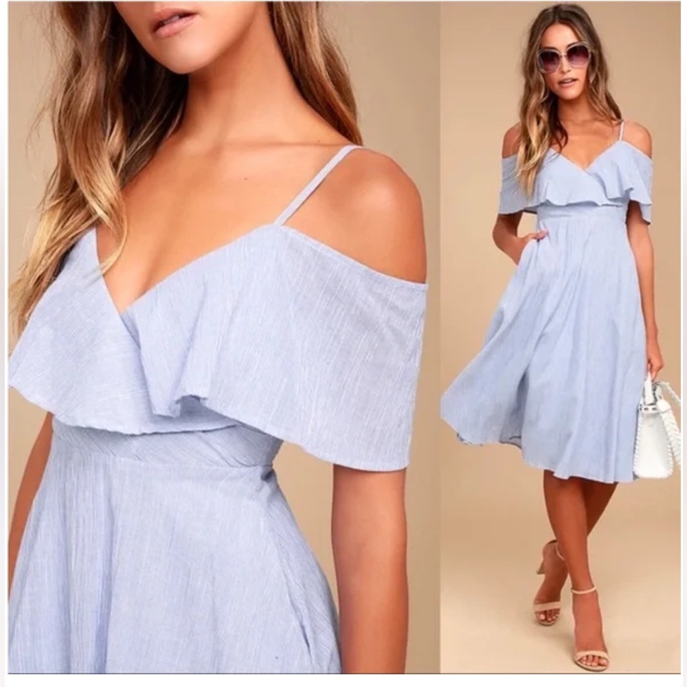 Lulu's Yacht Rock Blue and White Striped Off-the-Shoulder Midi Dress Sz XS